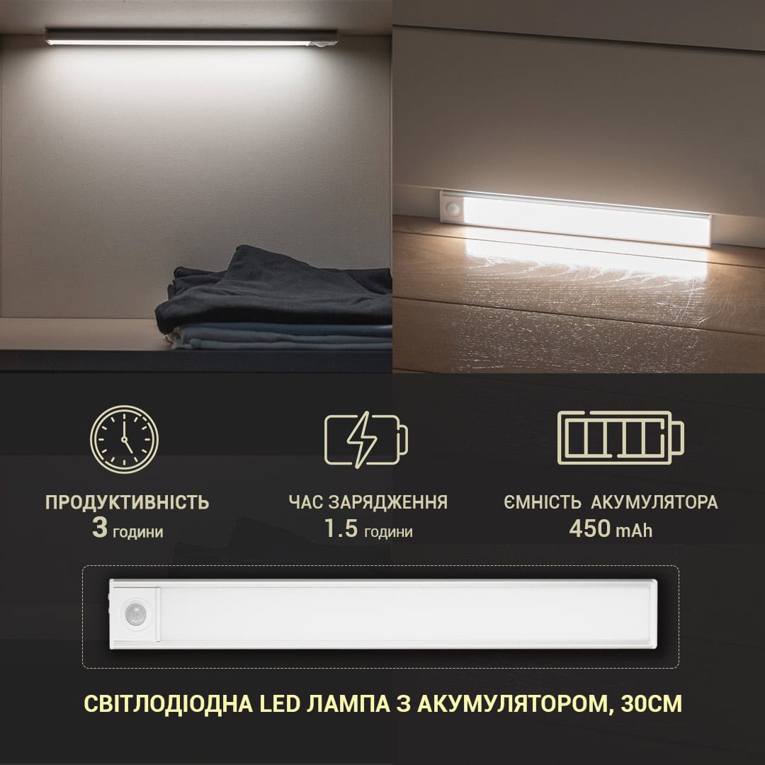 Світлодіодна лампа LED з акумулятором та датчиком руху, 30см