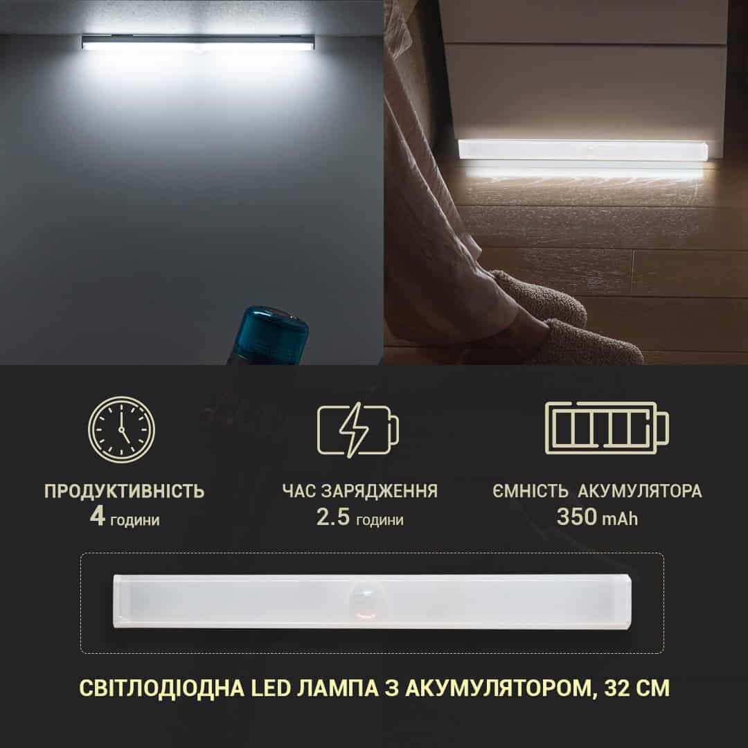 Світлодіодна лампа LED з акумулятором та датчиком руху, 32см