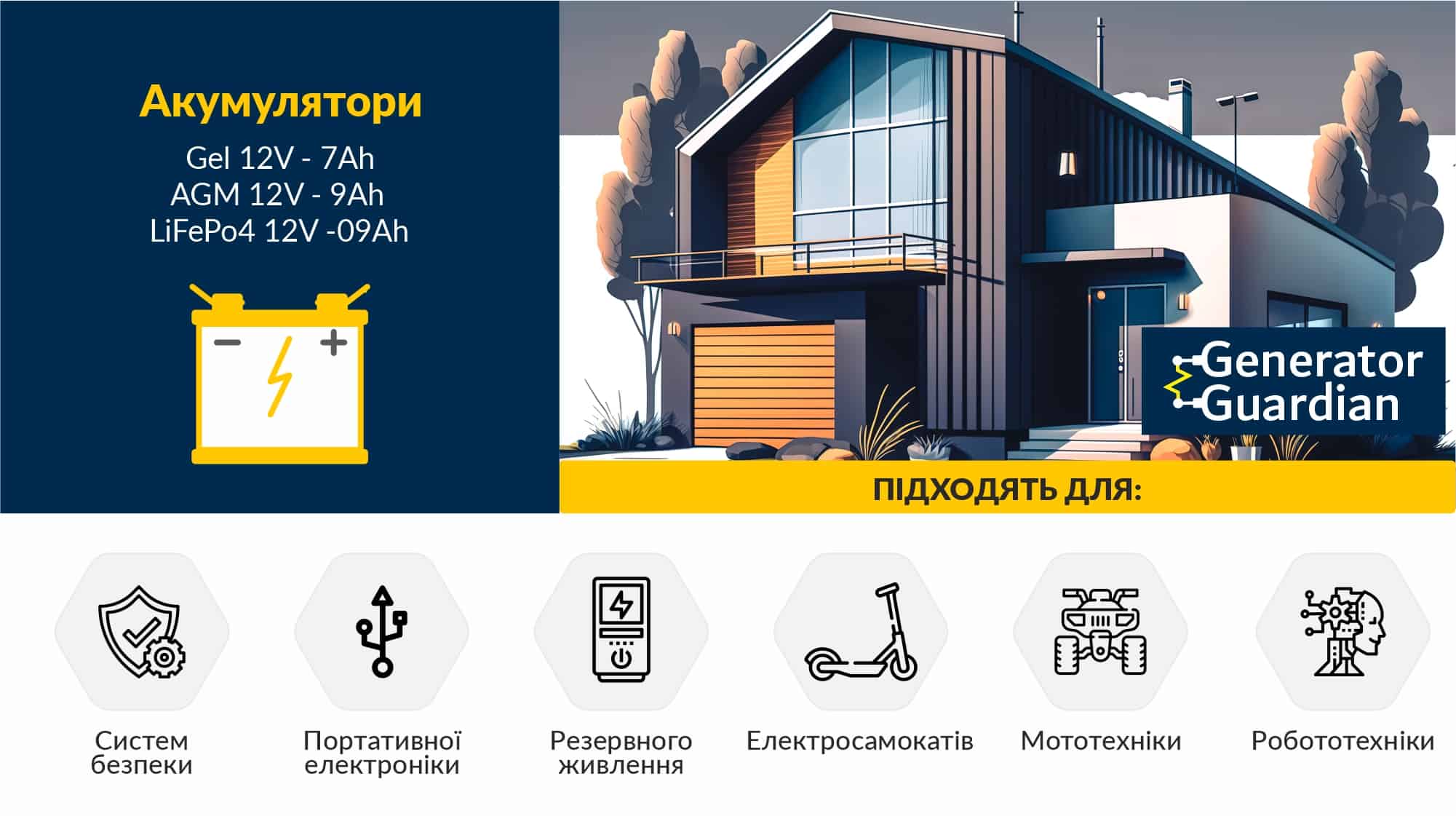 LiFePo4 акумулятор 12.8В 100А*год (1280 Вт*год) для UPS / ДБЖ, батарея LiFePo4 Generator Guardian 12.8V 100Ah
