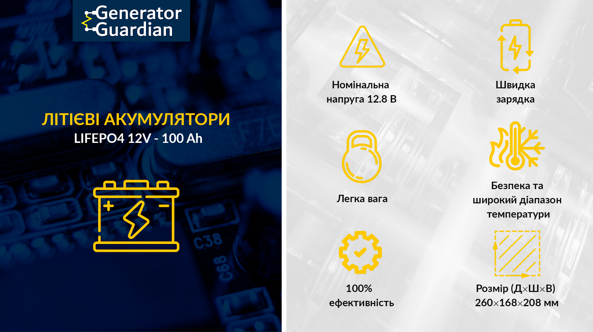 LiFePo4 акумулятор 12.8В 100А*год (1280 Вт*год) для UPS / ДБЖ, батарея LiFePo4 Generator Guardian 12.8V 100Ah