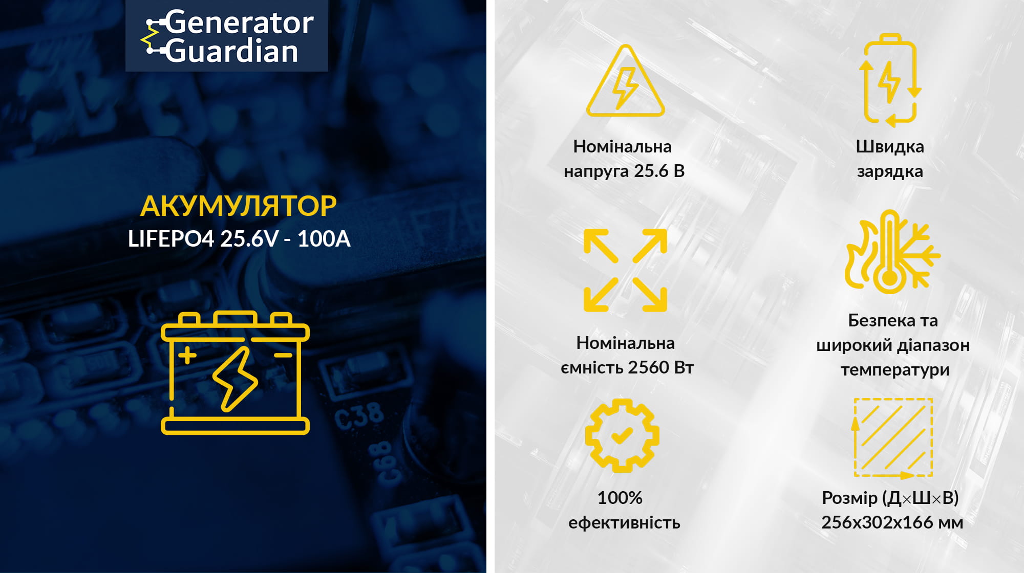 LiFePo4 аккумулятор 25.6 В 100А*ч (2560 Вт*ч) для UPS / ИБП, батарея LiFePo4 Generator Guardian 25.6 V 100Ah металлический корпус