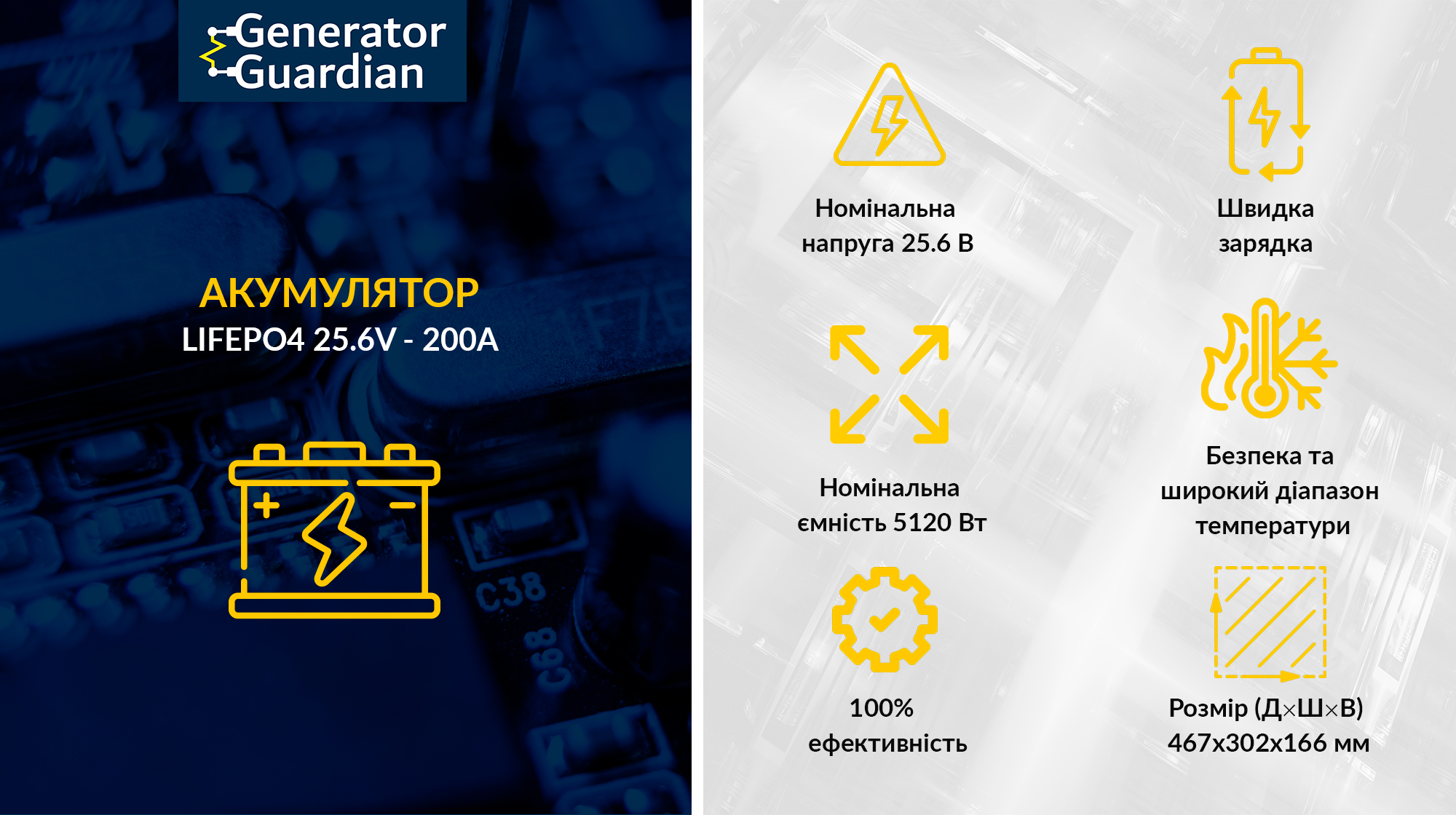LiFePo4 акумулятор 25.6 В 200А*год (5120 Вт*год) для UPS / ДБЖ, батарея LiFePo4 Generator Guardian 25.6 V 200Ah металевий кейс
