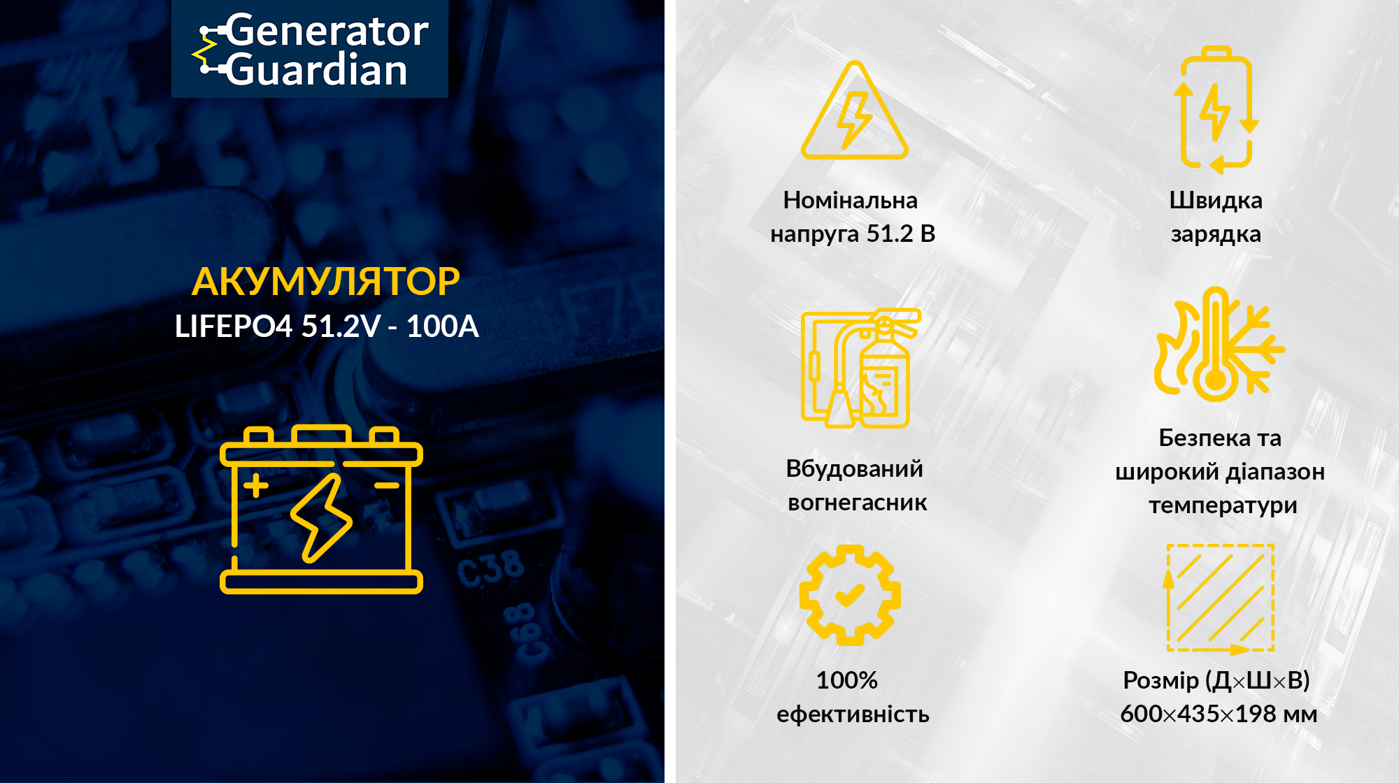 LiFePo4 акумулятор 51.2 В 100А*год (5120 Вт*год) для UPS / ДБЖ, батарея LiFePo4 Generator Guardian 51.2 V 100Ah з вбудованим вогнегасником